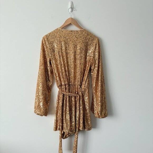 Free People Christa Sequin Long Sleeve Romper Gold Sparkle Size 4 - Picture 10 of 11